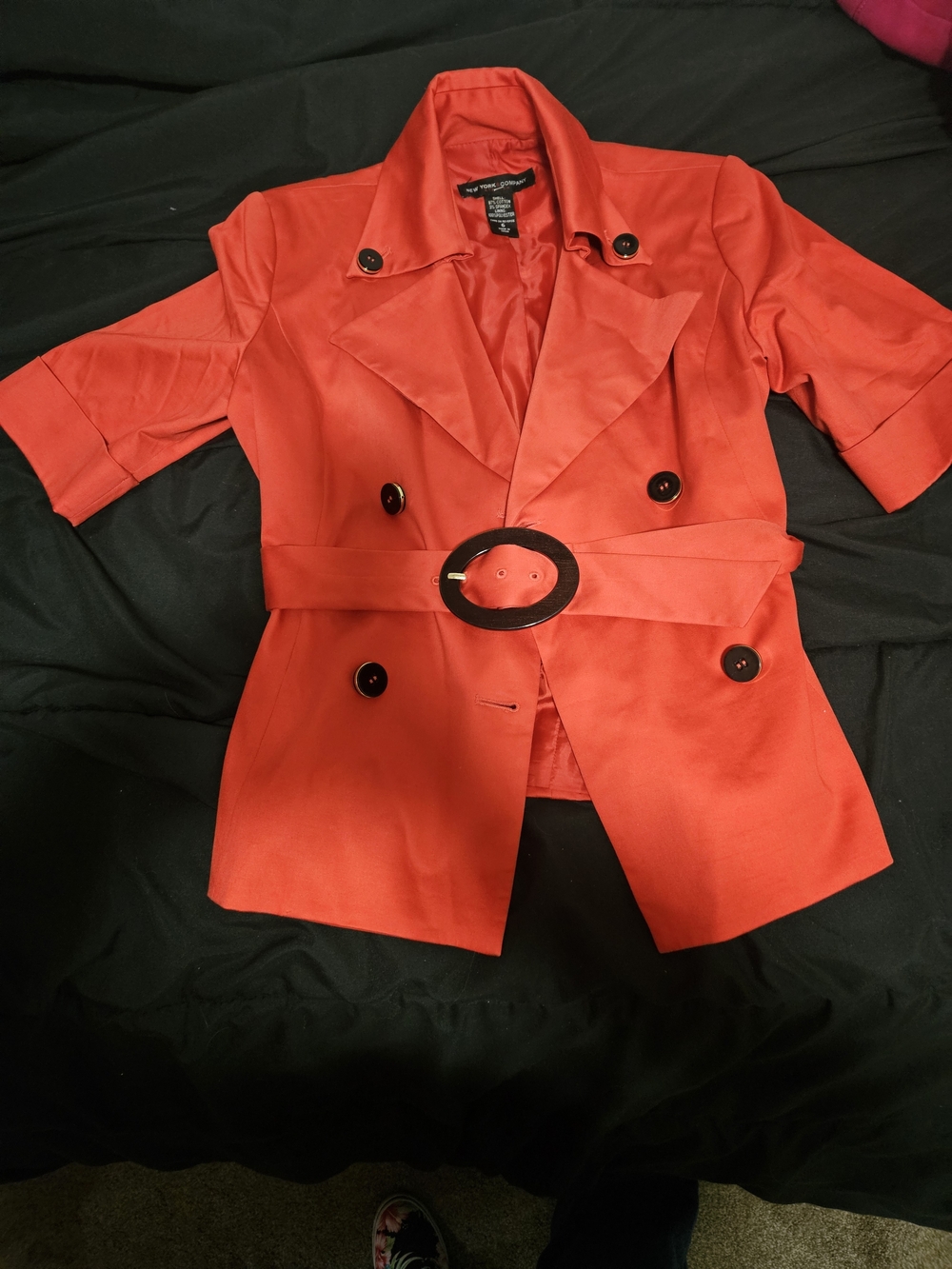 New York & Company Stretch women’s belted jacket, size 6, in a rich reddish-oran